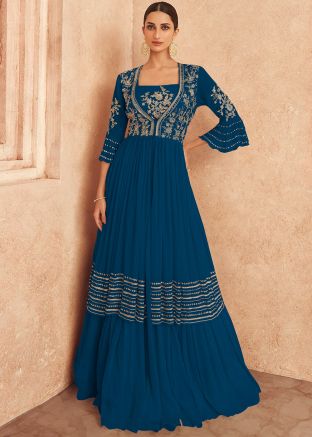 Blue Chiffon Embroidered Gown