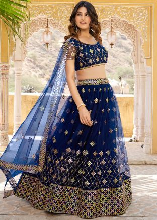Blue Net Lehenga Choli In Thread Embroidery