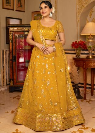Yellow Net Lehenga Choli In Sequins Work