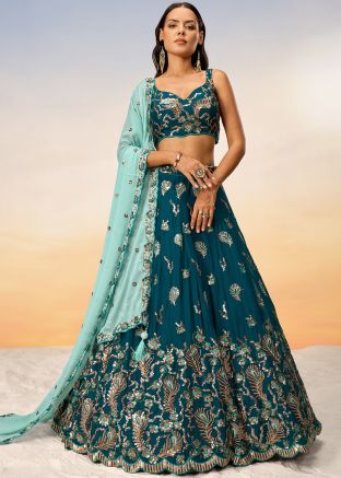 Teal Blue Sequins Embroidered Lehenga Choli
