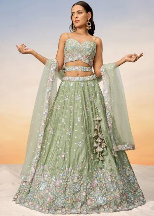 Pastel Green Thread Embroidered Lehenga Choli