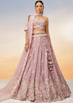Rose Gold Pink Embroidered Chiffon Lehenga Choli