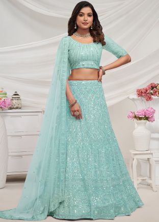 Blue Embroidered Lehenga Choli In Net