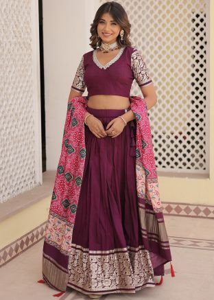 Wine Viscose Lehenga Choli In Woven Work