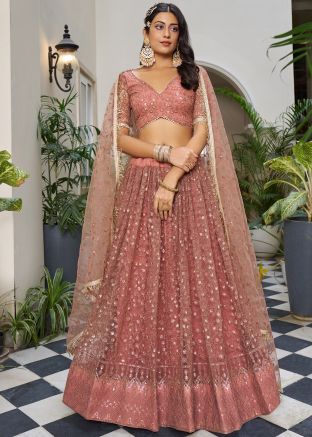 Rust Red Thread Embroidery Net Lehenga Choli