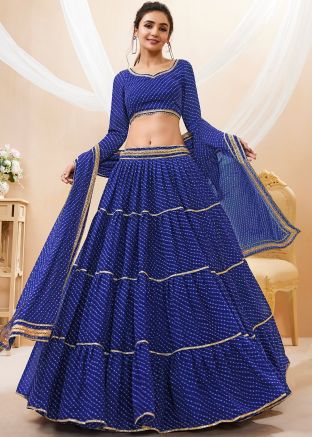 Blue Leheria Print Tiered Lehenga Choli