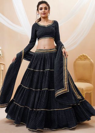 Black Tiered Lehenga Choli In Leheria Print