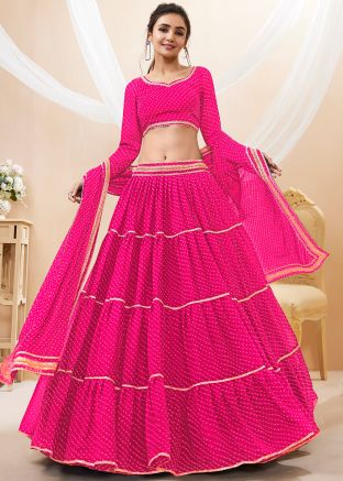 Pink Tiered Lehenga Choli In Leheria Print