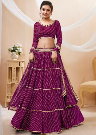 Purple Leheria Print Tiered Lehenga Choli & Dupatta