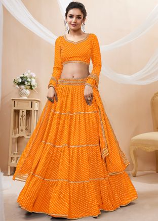 Mustard Yellow Leheria Print Tiered Lehenga Choli