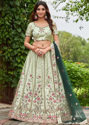 Pastel Green Dori Embroidered Satin Silk Lehenga Choli