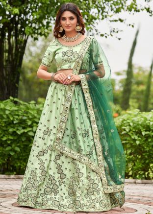 Green Dori Embroidered Satin Silk Lehenga Choli Set