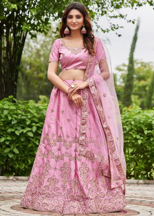 Pink Dori Embroidered Lehenga Choli In Satin Silk