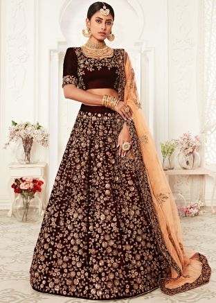 Brown Velvet Floral Embroidered Bridal Lehenga Choli