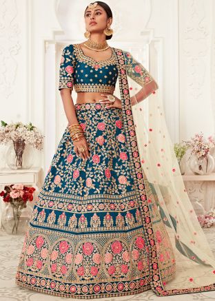 Blue Art Silk Floral Embroidered Bridal Lehenga Choli