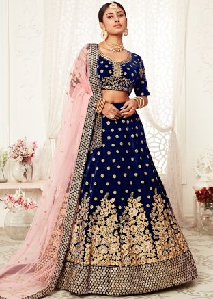 Navy Blue Embroidered Velvet Bridal Lehenga Choli