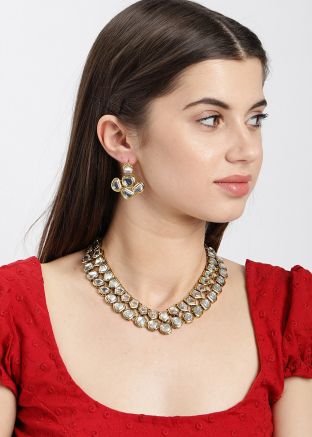 Kundan Studded Golden Necklace With Earrings