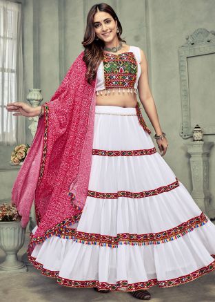 White Navratri Lehenga Choli In Thread Embroidery
