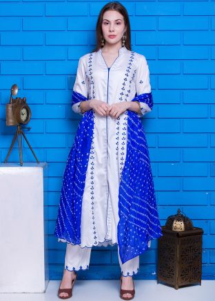 Readymade White Embroidered Front Slit Pant Salwar Suit