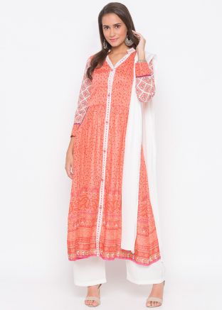 Orange Readymade Floral Printed Cotton Pant Salwar Suit