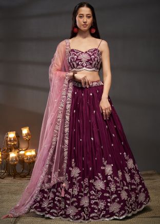 Wine Embroidered Lehenga Choli In Chiffon