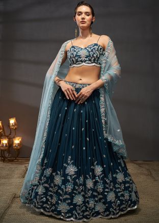 Blue Embroidered Lehenga Choli In Chiffon