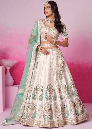 Cream Embroidered Lehenga Choli In Silk