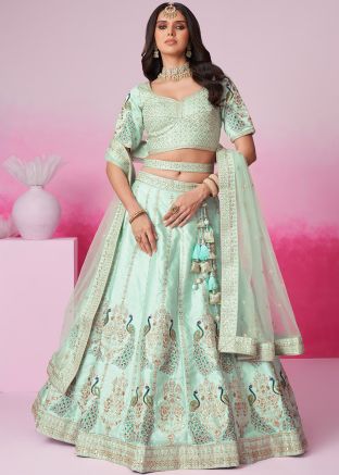 Green Embroidered Lehenga Choli In Silk