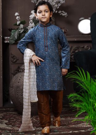 Blue Floral Kids Readymade Cotton Kurta Pyjama