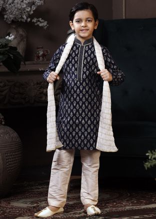 Dark Blue Printed Kids Readymade Kurta Pajama