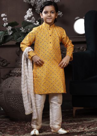 Yellow Printed Kids Readymade Kurta Pajama Set