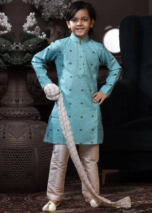 Blue Readymade Kids Printed Kurta Pajama Set