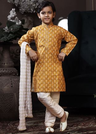 Yellow Readymade Kids Printed Kurta Pajama Set