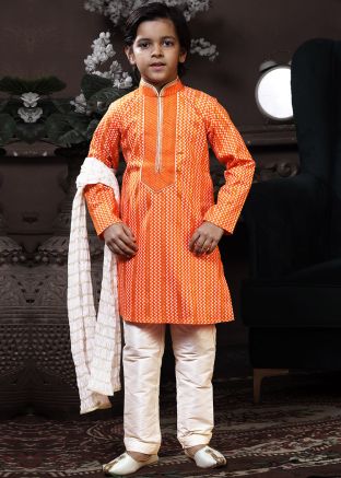 Readymade Printed Orange Kids Kurta Pajama Set