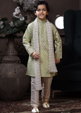 Readymade Printed Green Kids Kurta Pajama Set