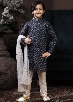 Blue Printed Kids Readymade Kurta Pajama Set
