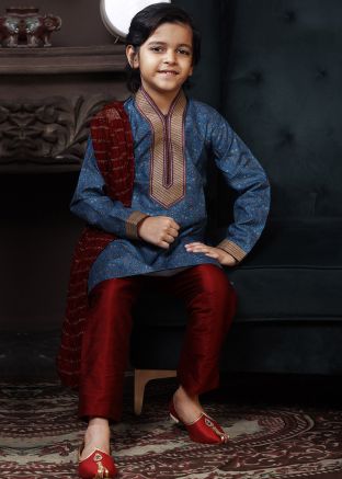 Blue Floral Printed Kids Readymade Kurta Pajama Set