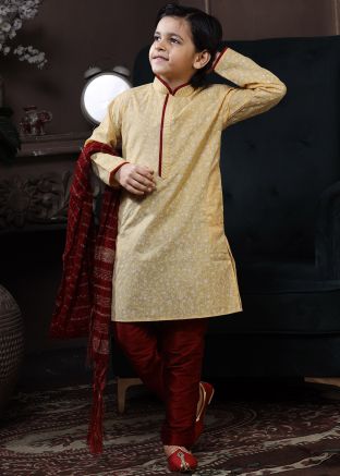 Yellow Floral Printed Kids Readymade Kurta Pajama Set