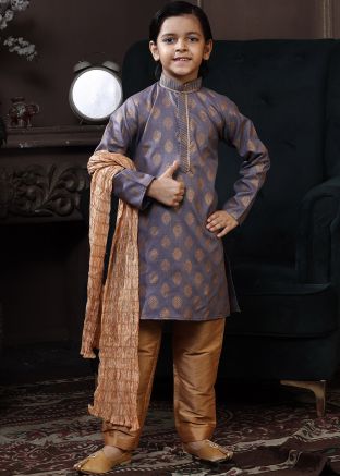 Grey Printed Kids Readymade Kurta Pajama Set