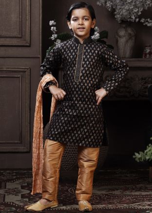 Black Printed Kids Readymade Kurta Pajama Set