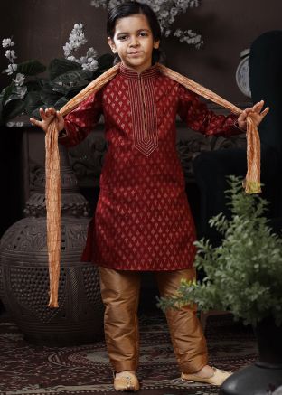 Maroon Printed Kids Readymade Kurta Pajama Set