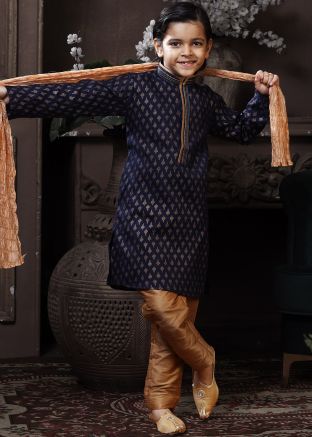 Blue Printed Kids Readymade Kurta Pyjama Set