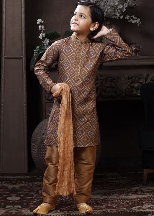 Readymade Printed Kids Brown Kurta Pyjama