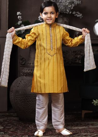 Readymade Printed Yellow Kids Kurta Pyjama Set