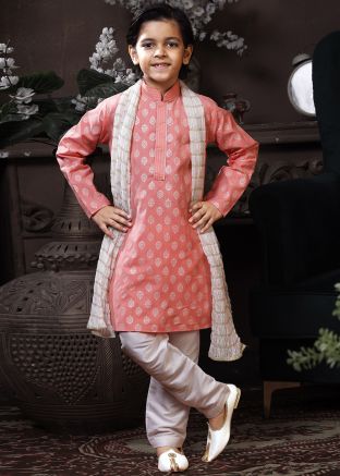 Peach Readymade Printed Kids Kurta Pyjama Set