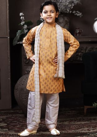 Yellow Readymade Printed Kids Kurta Pyjama Set