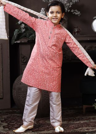 Readymade Floral Peach Kids Kurta Pajama Set