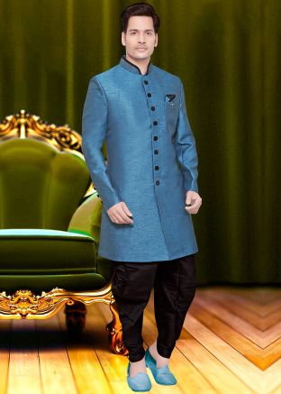 Readymade Indo Western Blue Sherwani With Dhoti