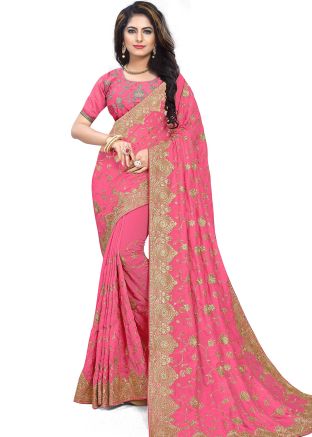 Pink Embroidered Heavy Border Bridal Saree