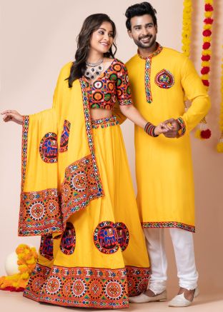 Yellow Mirror Work Couple Wear Readymade Set